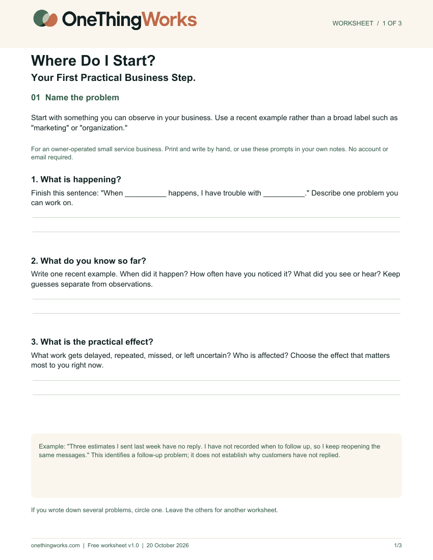 Preview of the first worksheet page, Name the problem. The complete text is available in the online guide.